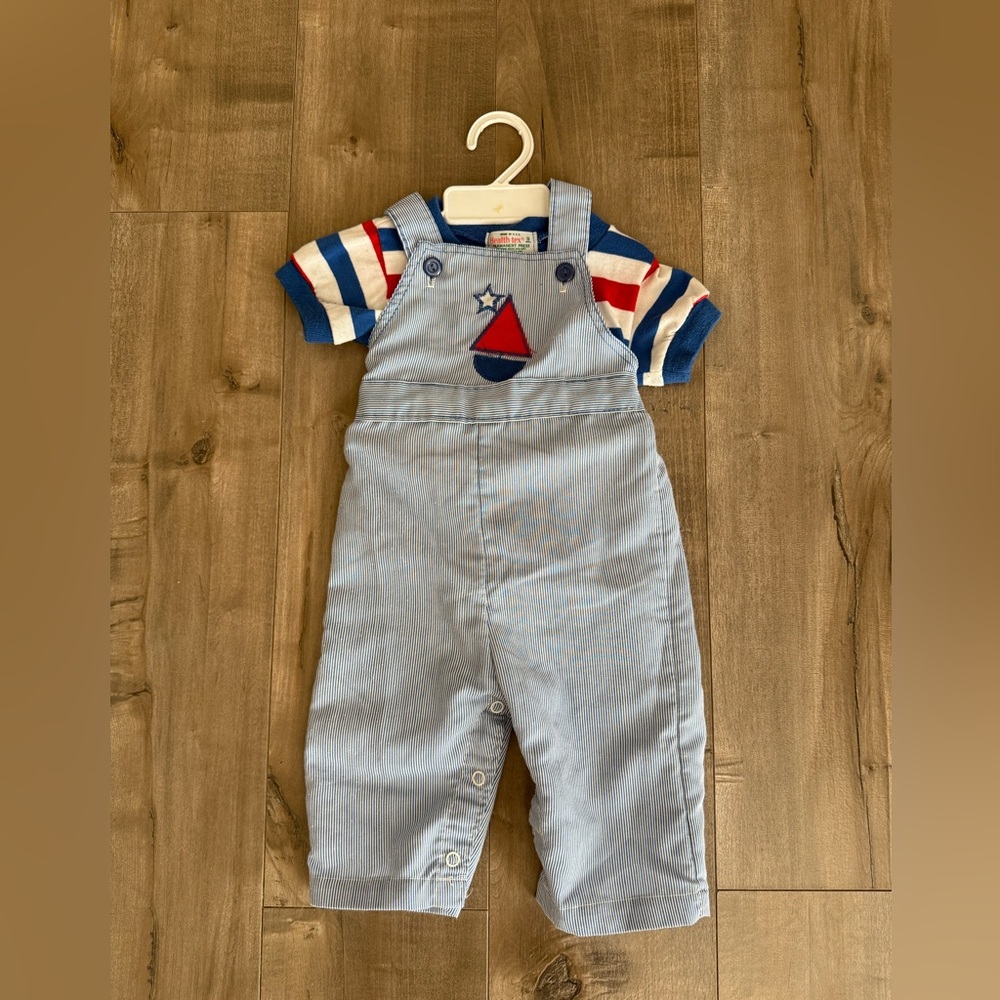 Vintage Healthtex Overalls & Shirt Striped 9 Months Boat Stitched Blue White Red